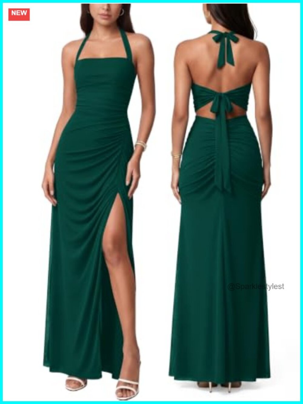 Sexy Mesh Halter Tie Back Sleeveless Split Ruched Maxi Dress Party Cocktail